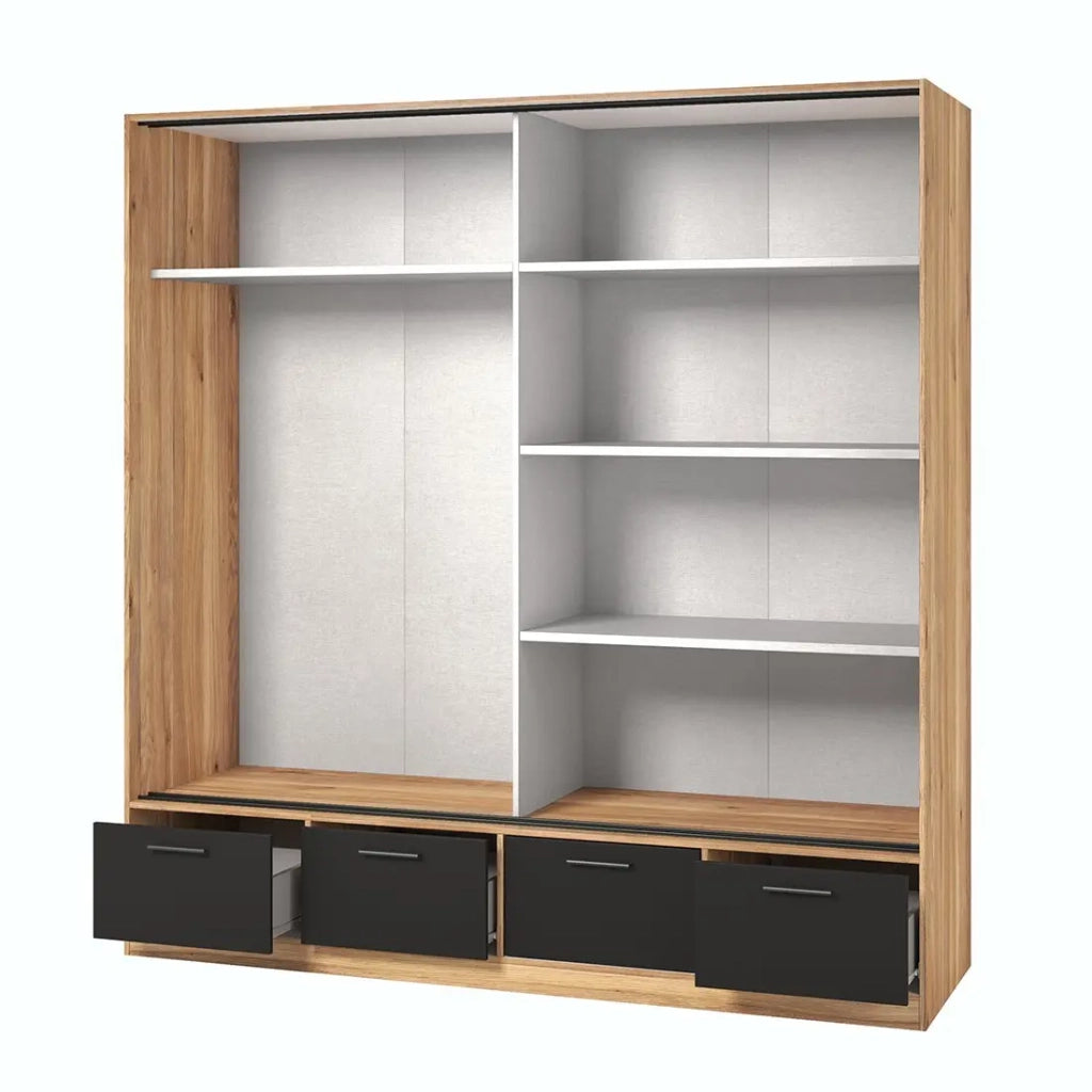 Camera da letto design collezione EOS: Armadio, Letto 180x200, comò, comodini. Colore rovere chiaro e nero.