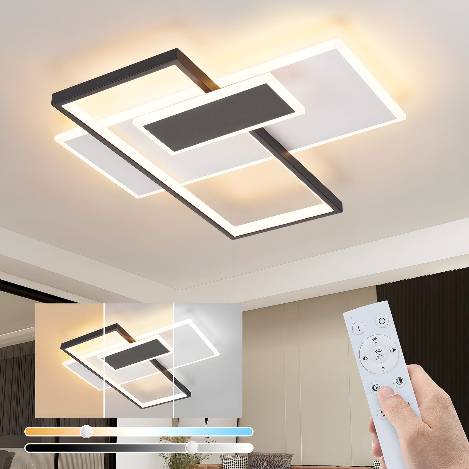ZMH Lampada da soffitto LED 62W nera dimmerabile con telecomando 2 faretti per soggiorno