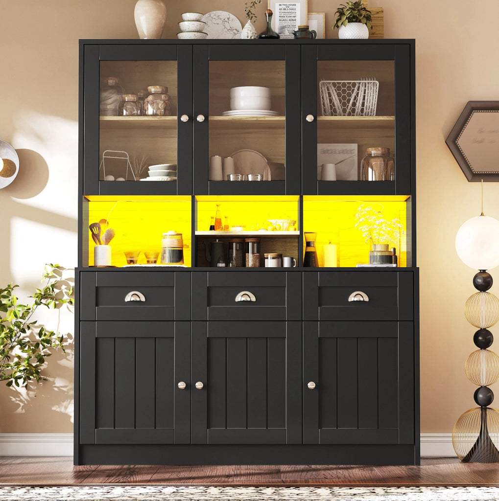 Mobile da cucina con LED, ante acriliche e cassetti nero