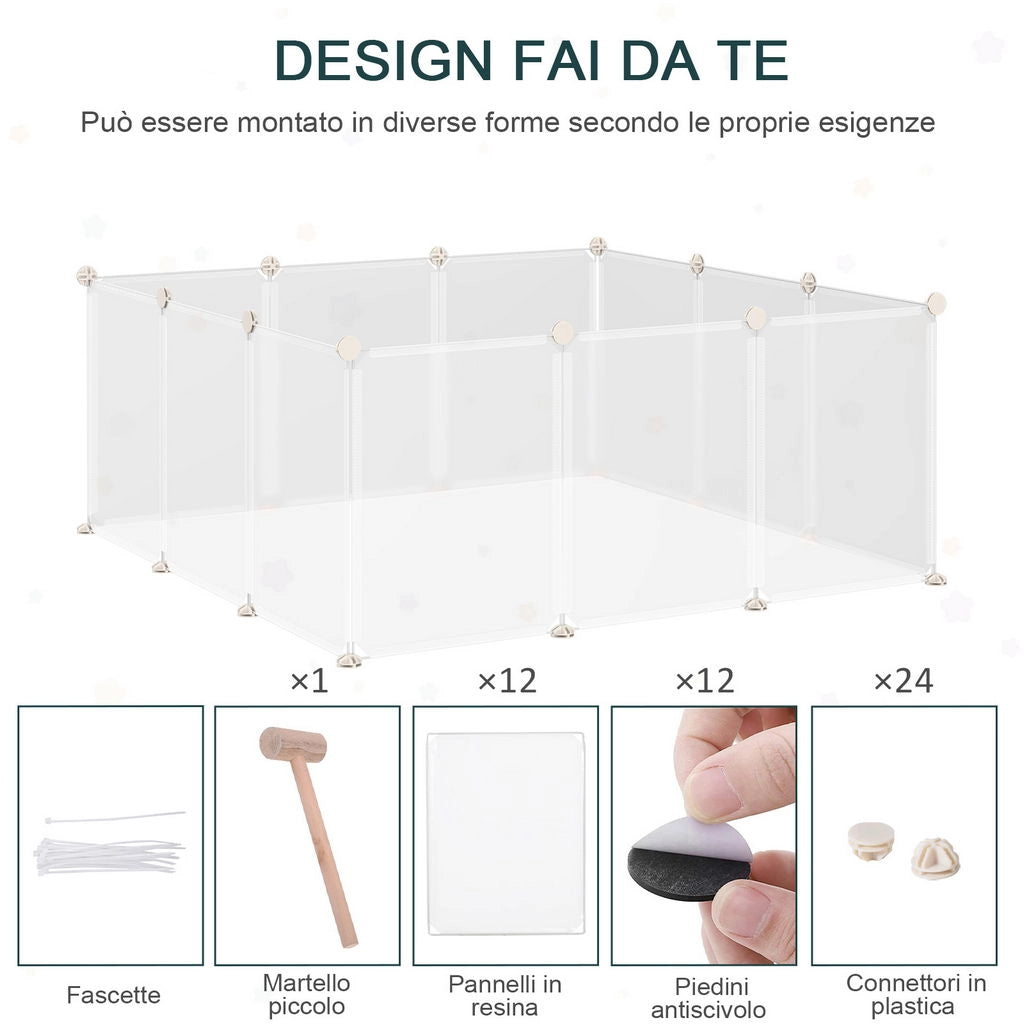 RECINTO PER CONIGLI, CUCCIOLI E PICCOLI ANIMALI MODULABILE IN METALLO E PP, 12 PANNELLI DA 35X45 CM BIANCO