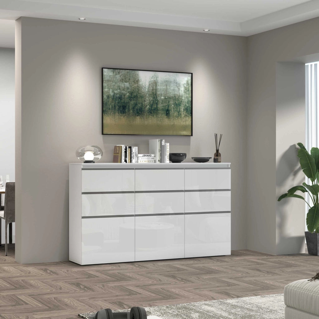 WHOUS Credenza a cassettiera Magic 3 ante e 6 cassetti bianco lucido 180x40x105 cm
