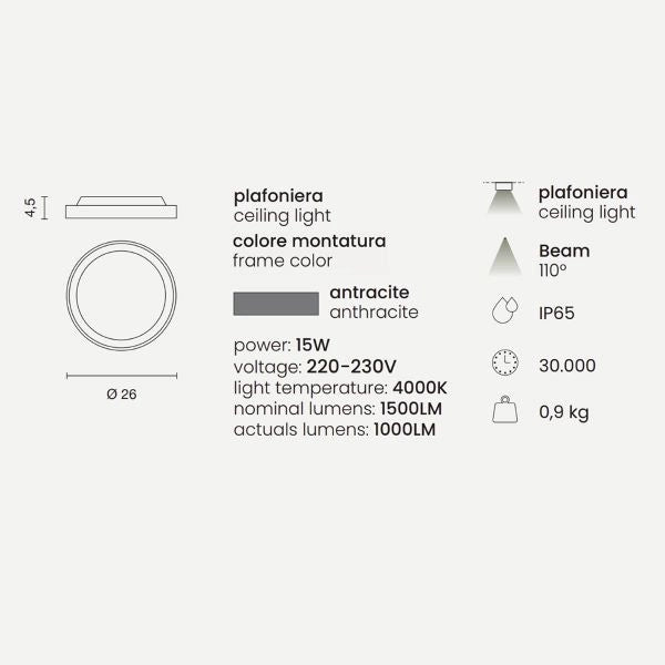 PLAFONIERA DA SOFFITTO/PARETE PER ESTERNO LED 15W 4000K 1500LM ANTRACITE AIDI