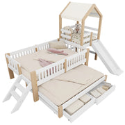 Letto bambino 90×200 cm e 90×190 cm con letto estraibile; scivolo; scala e cassetti; senza materasso; legno; bianco