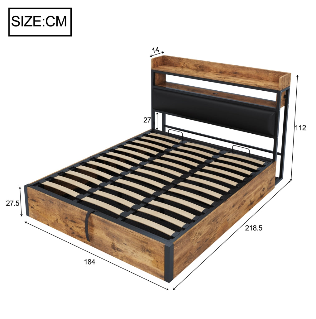 Letto 180x200 cm con contenitore; USB e testiera imbottita in metallo; MDF e tessuto nero