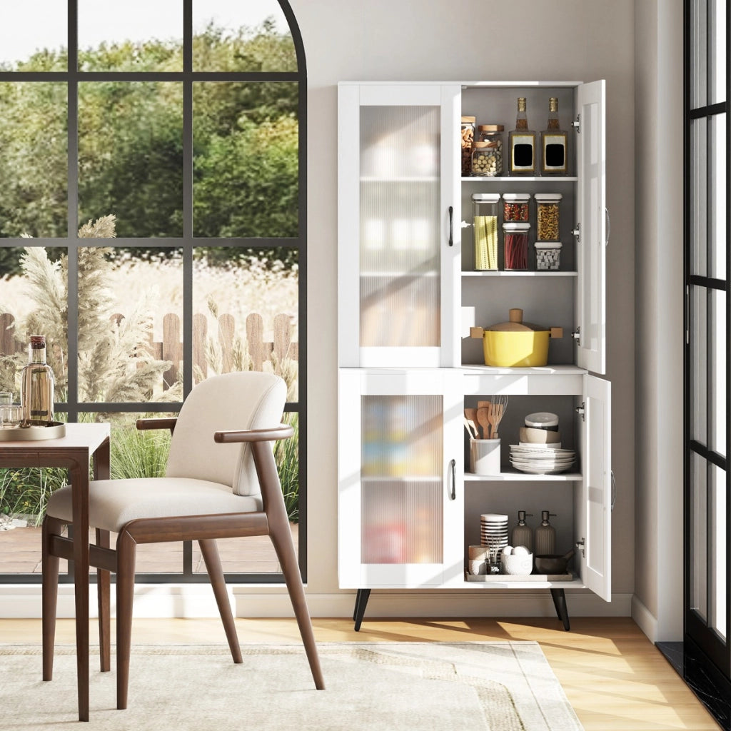Madia autonoma con gambe in metallo per sala da pranzo soggiorno, Armadio dispensa da cucina 178,5 cm con 4 ante trasparenti Bianco-Credenze buffet