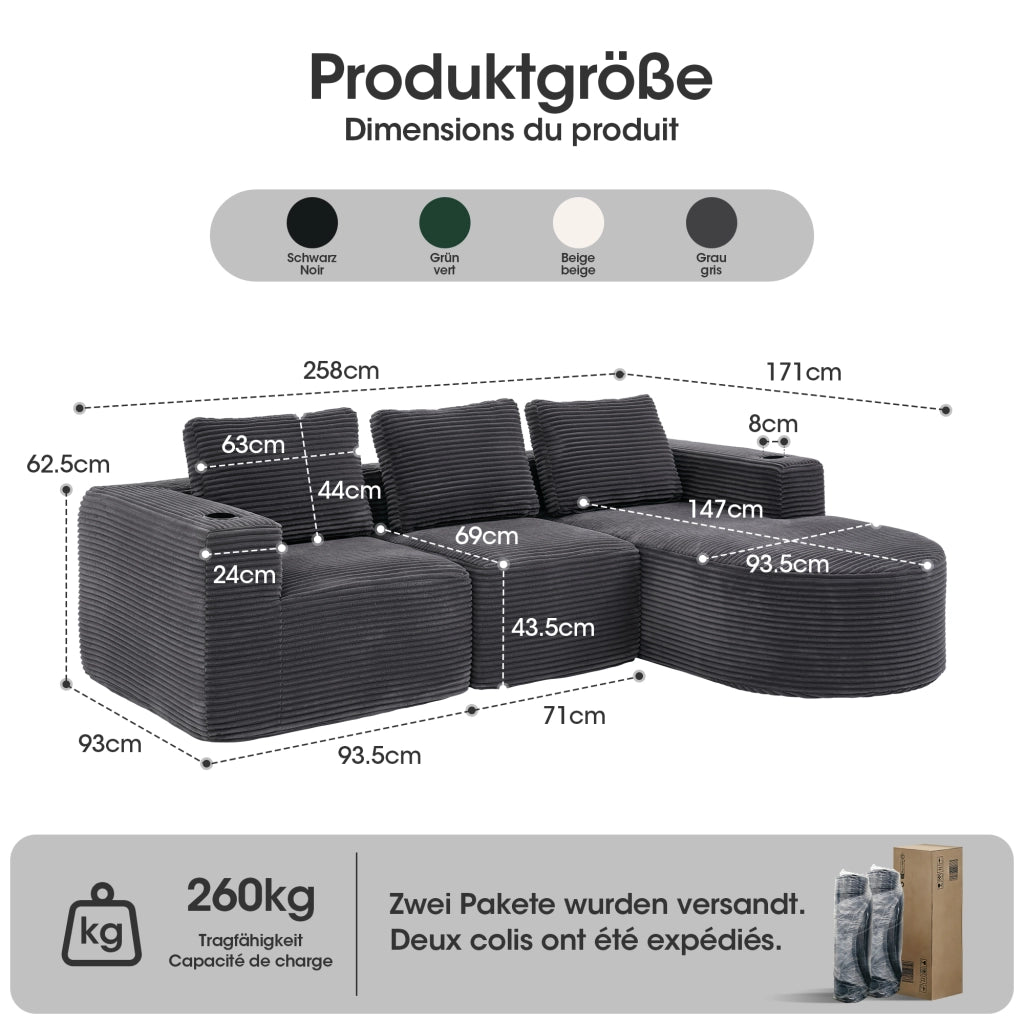 Divano lineare compatto con 3 cuscini e doppi portabicchieri in poliestere grigio scuro per piccoli spazi 265 × 176 × 60 cm