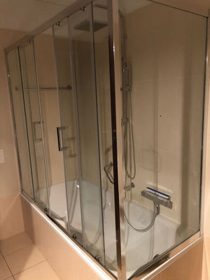 Box Doccia per Vasca a 2 Lati in Vetro Trasparente da 6 mm 1 Lato Fisso e 1 Porta Scorrevole - Misura: 80 x 140 x h150 