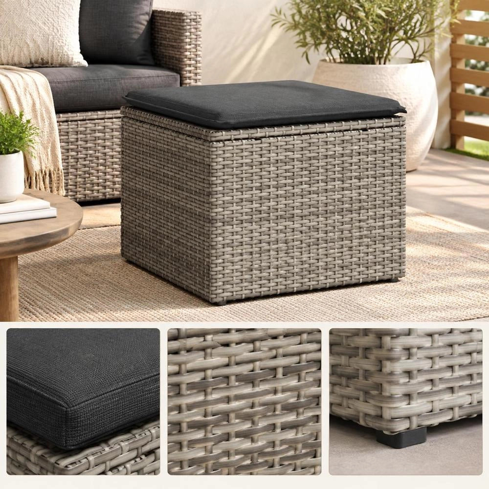 Garden Stool With Cushion, Grey, 55x55x37 Cm, Poly Rattan