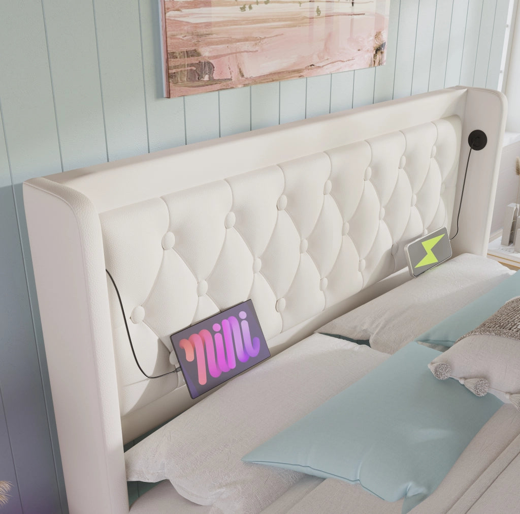 Letto contenitore 180x200 cm in PU bianco con LED e USB Tipo-C