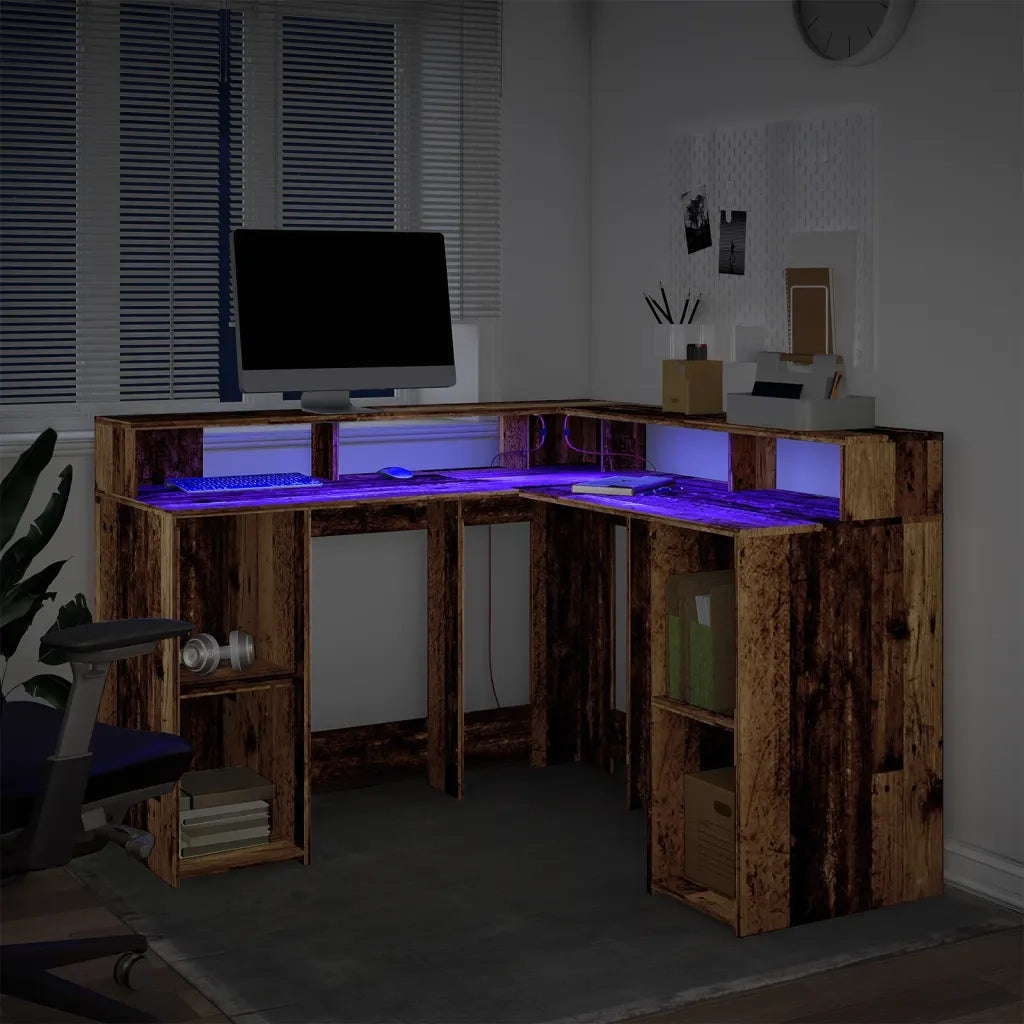 Scrivania con Luci LED Legno Antico 130x130x91 cm in Truciolato 3309454