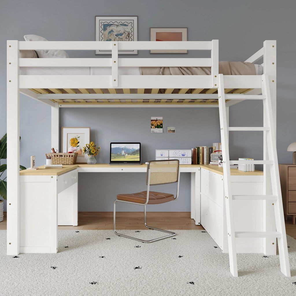Letto a castello bambini bianco naturale con scrivania a forma di u e funzione contenitiva 140x200 cm