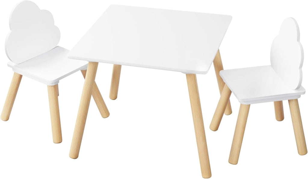 Set di Tavolo e Sedie per Bambini a 3 Pezzi, Tavolino Bambini con Sedie Montessori, Tavolo in Legno e 2 Sedie, per Cameretta, Camera da Letto, Bianco