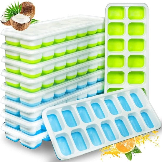 Iscrizioni per ghiaccio in forma di cubetti - 10 contenitori con coperchio - silicone - facile da rimuovere - certificato LFGB - BPA libero - blu-verde - 140 cubetti di ghiaccio - whisky - cocktail - congelatore - bevande - bambino