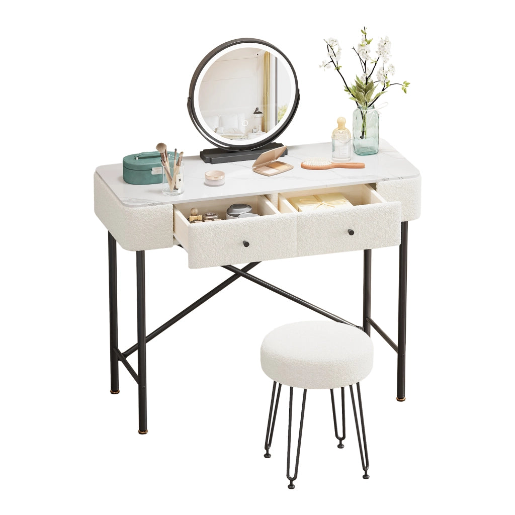 Tavolo Trucco con LED e Sgabello ¨C MINIMAL ¨C Bianco e Nero, 2 Cassetti, Piano Marmo, 100x40x120
