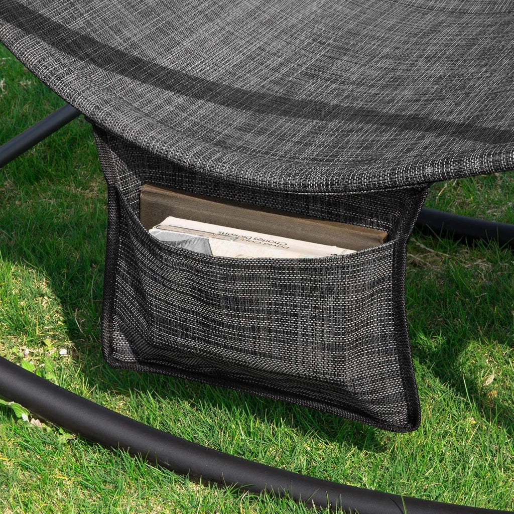 Dondolo da Giardino Sedia a Dondolo da Esterno Lettino Prendisole con Tasca Laterale Poltrona da Giardino Sdraio per Patio Balcone Campeggio Spiaggia Nero/Grigio 143x57x85 cm OGS47-MS