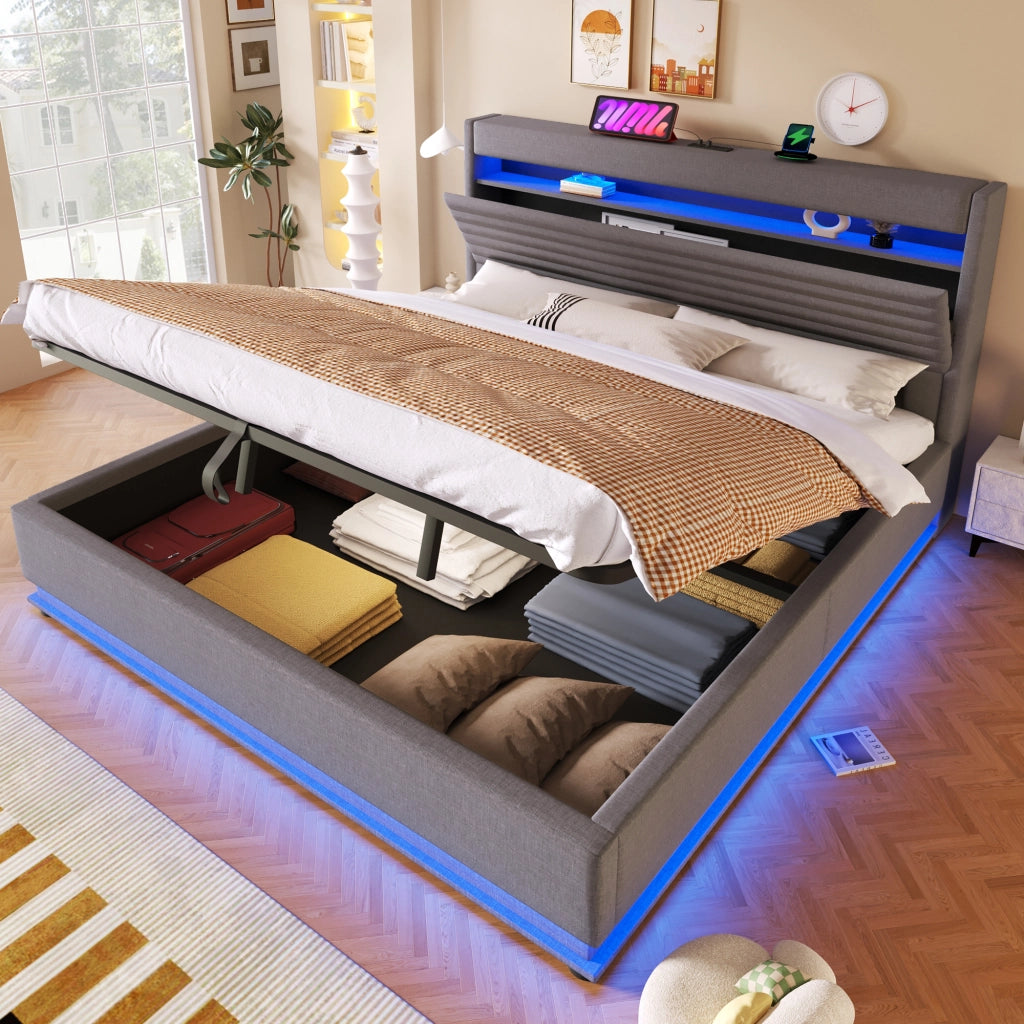Letto Contenitore Matrimoniale 180x200 cm; USB Type-C; LED; con Rialzo Idraulico; Grigio