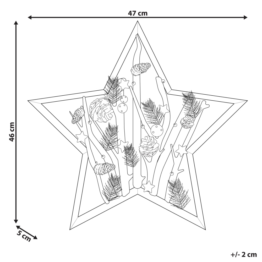 Figura decorativa legno stella di natale LED 46 cm con pigne legno scuro design rustico boho