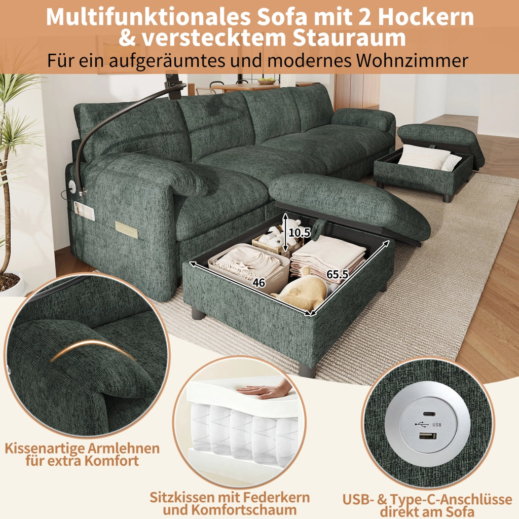 Divano angolare modulare 6 posti con due pouf contenitore e ricarica USB Type-C e portatelefono in chenille verde