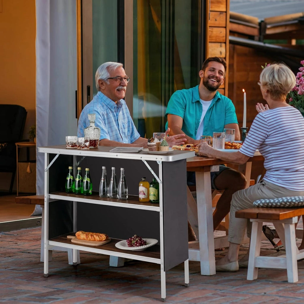 Tavolo Pieghevole con Borsa da Trasporto, Tavolo da Picnic con 3 Livelli di Stoccaggio, Tavolo da Giardino in Alluminio, Tavolino per Picnic, Barbecue, Feste (Venatura del Legno)