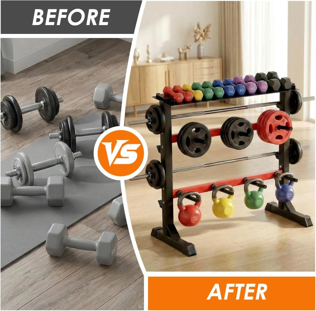 Supporto per manubri, supporto per bilancieri a 3 livelli, in acciaio, supporto per bilanciere corto, per casa, palestra, per manubri, kettlebell, max. 300 kg, 96 x 47 x 100 c