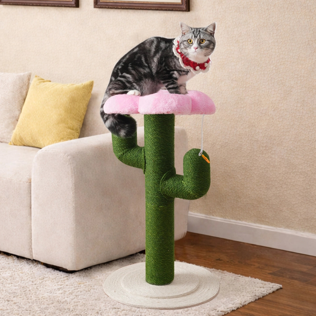Albero tiragraffi per gatti a forma di cactus, 90 cm, con pali in sisal da 10 cm e protezione antiribaltamento, verde