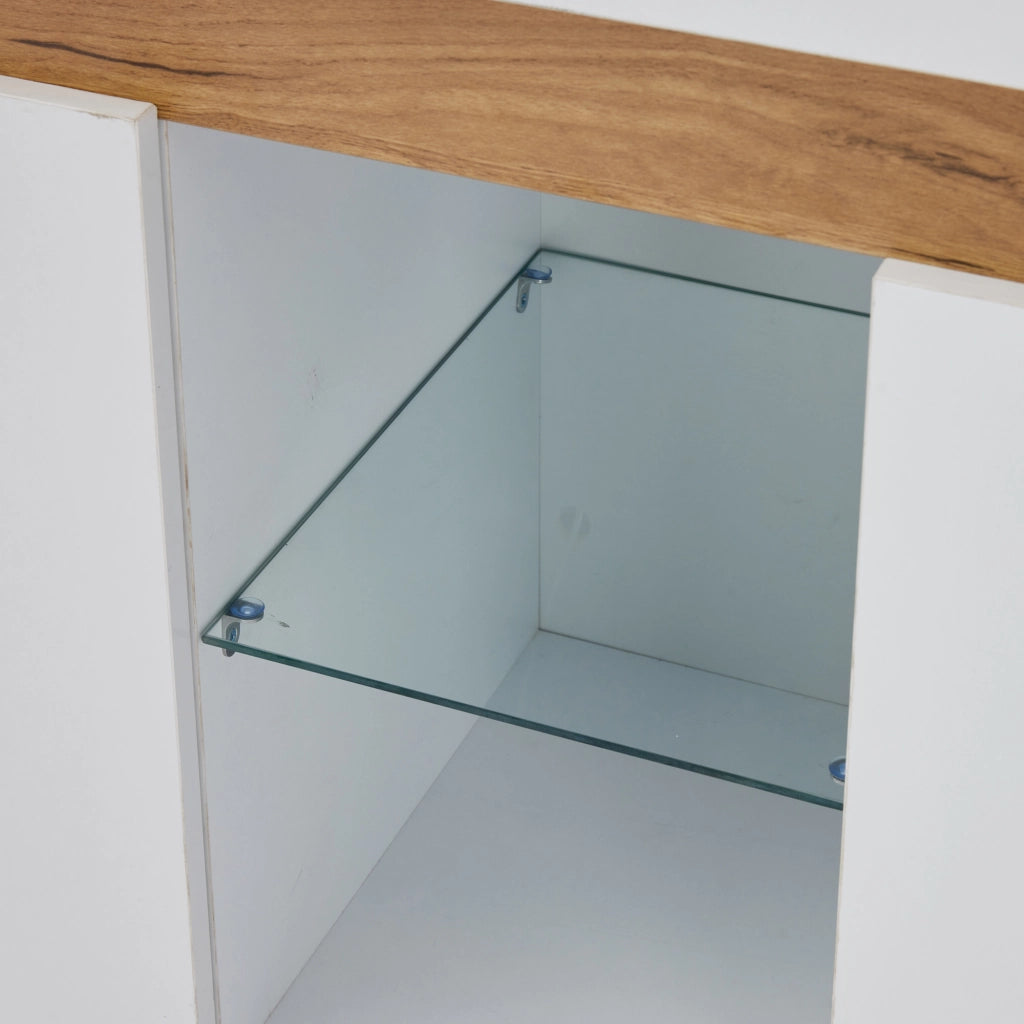 Credenza con 3 Ante e LED con Controllo App; Bianco Lucido; con Ripiano in Vetro; in Truciolare; 140??40??70 cm