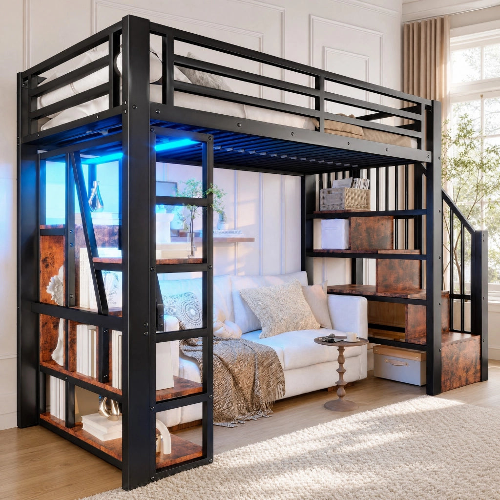 Letto a soppalco 90x200 cm nero con LED, scala contenitore, ripiani e struttura in metallo MDF
