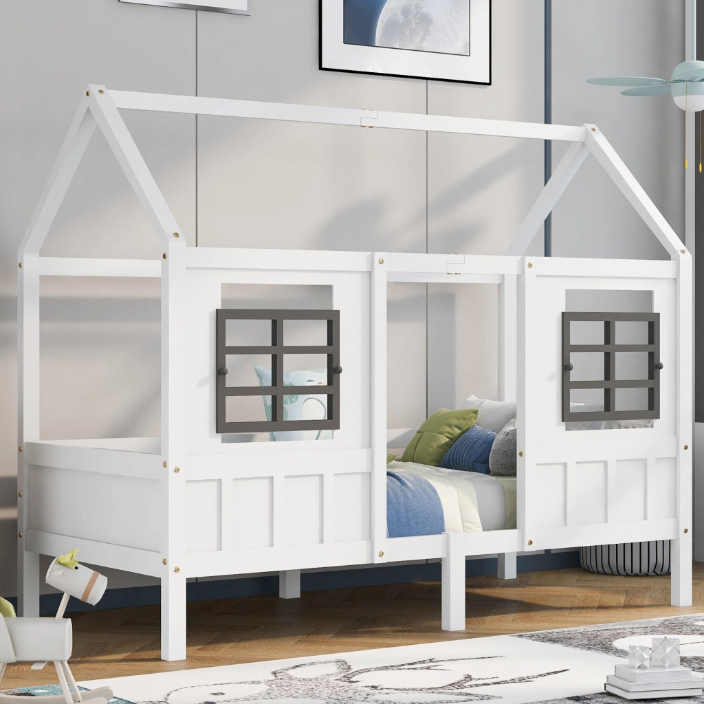 Letto a casa singolo bianco con funzione letto giornaliero e due finestre