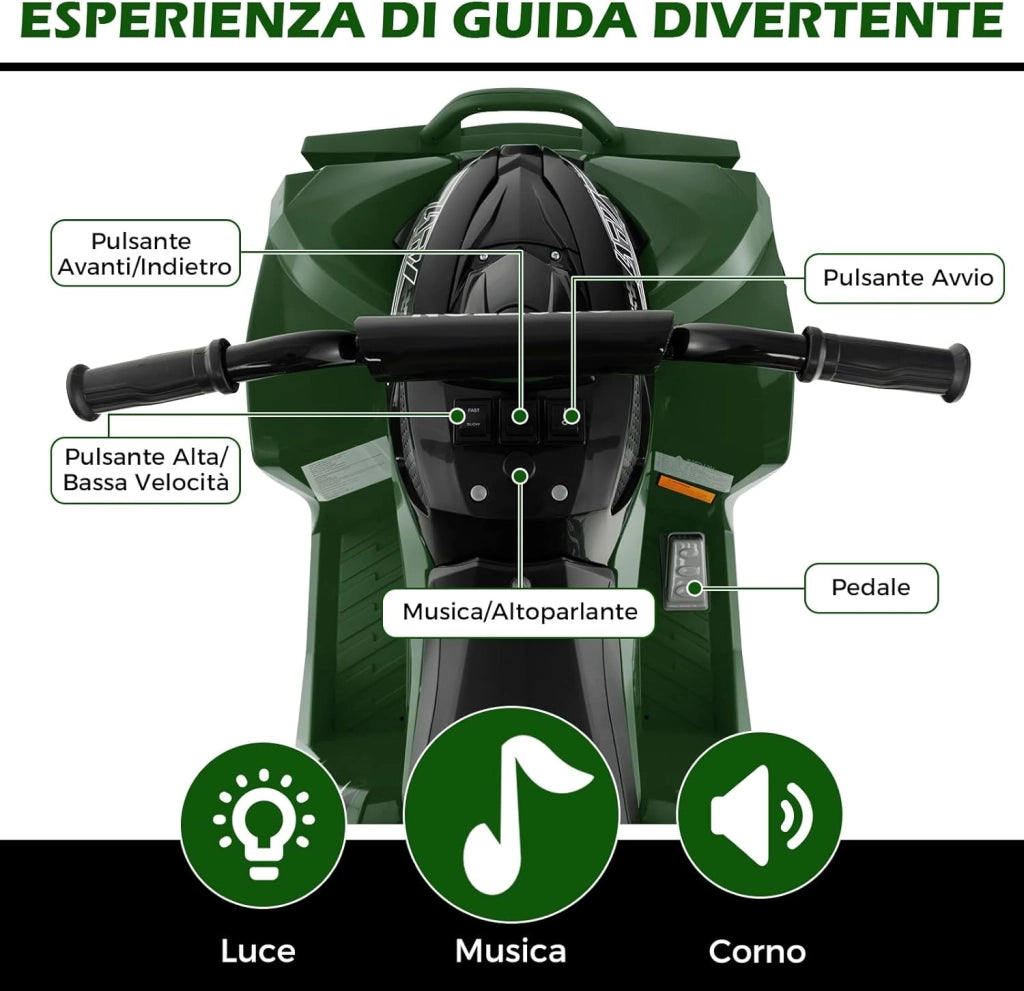 12V Quad Elettrico per Bambini, Macchina Elettrica con Velocità Alta/Bassa, Sedile Comodo Fari Corno e Musica, Auto Elettrica Cavalcabile 2,2/4,3 km/h (Verde)
