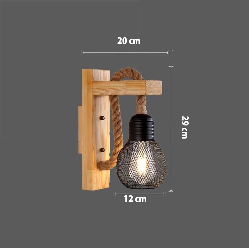 Applique lampada da parete in legno e corda di canapa E27 stile classico country