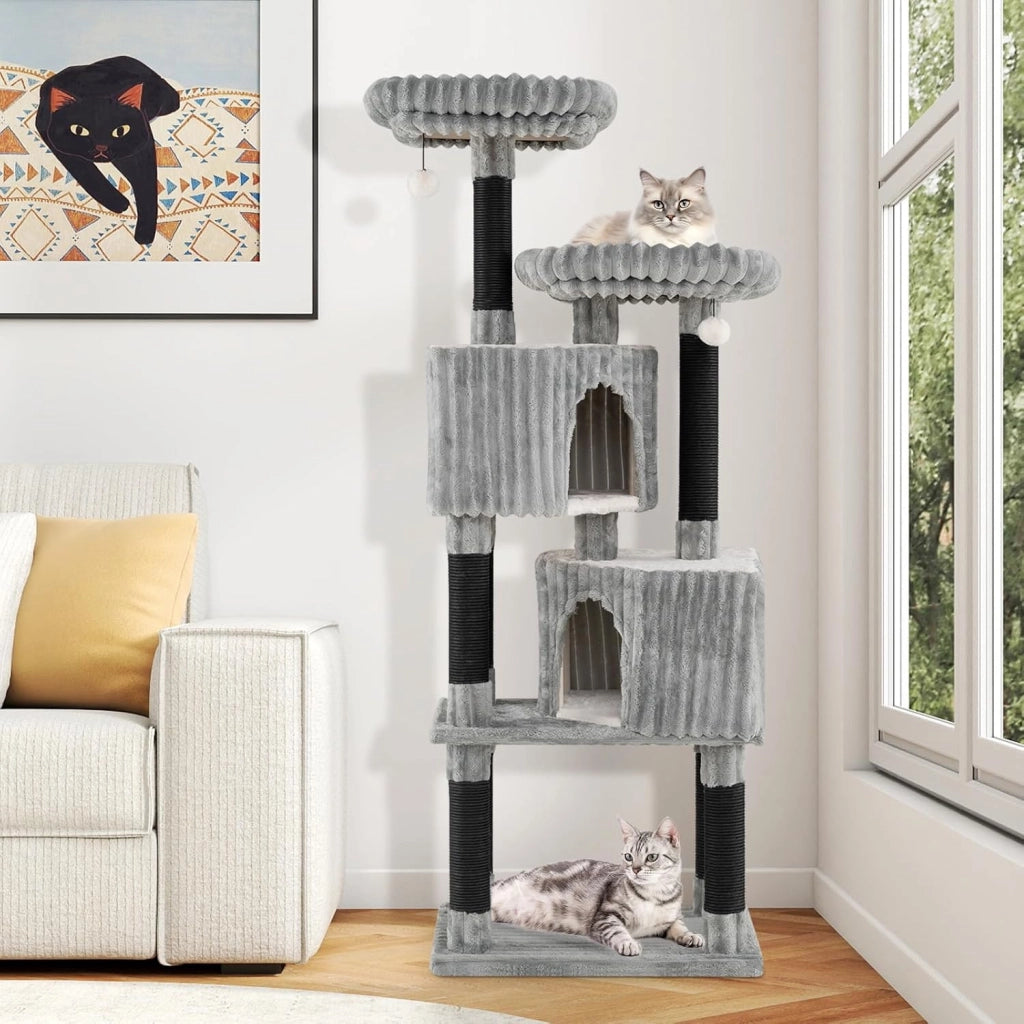 Albero per Gatti Alto 156 cm, Tiragraffi per Gatti con 2 Condo, 2 Letti a Ponte, Pali per Graffi, Palline Sonore Pendenti e Rivestimento Morbido in Flanella, Mobile per Gattini