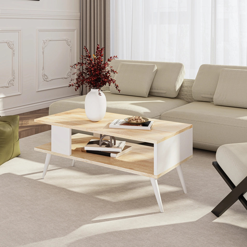 Tavolino Basso da Divano 'Lycksele' con Scomparto Semiaperto e 4 Piedini - Effetto Rovere / Bianco [en.casa]