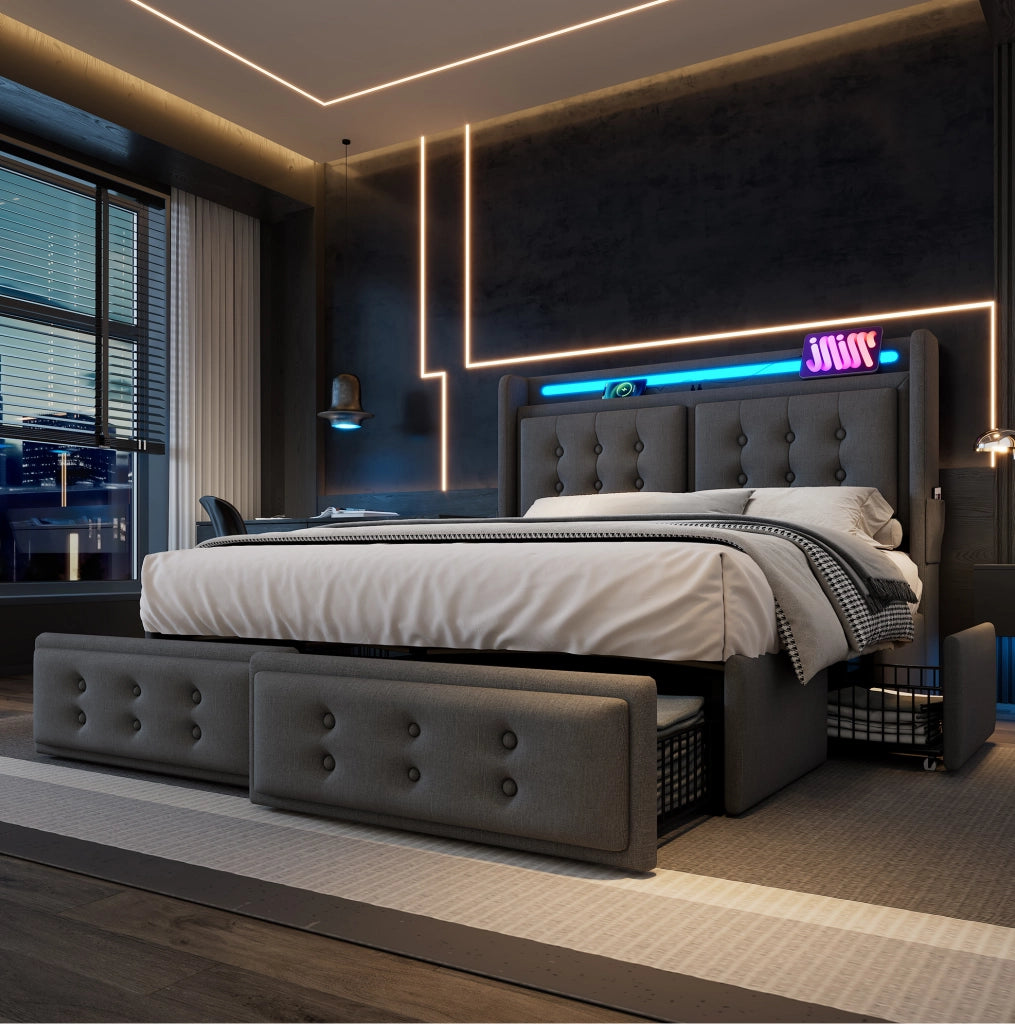 Letto matrimoniale 180x200 grigio con LED, USB-C, prese e 4 cassetti