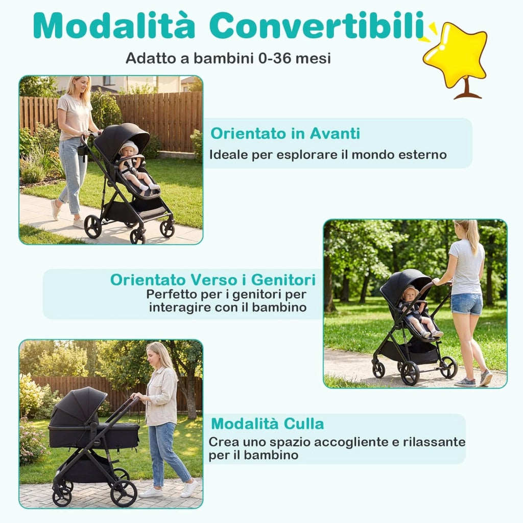 2 in 1 Passeggino Leggero Pieghevole per Bambini, con Schienale Regolabile, Sedile Reversibile, Tettuccio, Cestello Portaoeggetti, per Neonati per 0-36 Mesi (Nero)