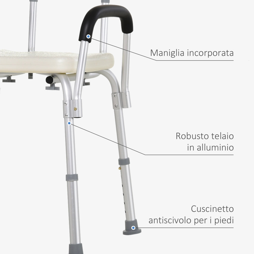 Sedia da Doccia in HDPE a 6 Altezze Regolabili con Schienale e Braccioli, 47x50x74-87 cm, Bianco e Argento