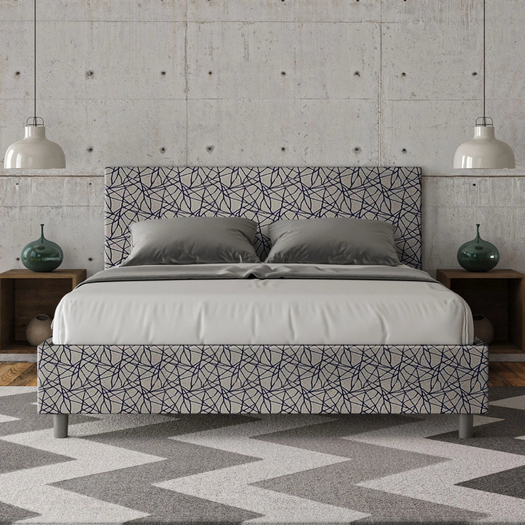 Letto Matrimoniale 160x200 cm con Rete e Contenitore Giroletto con Alzata Comoda Imbottito in Tessuto Era Adele Blu
