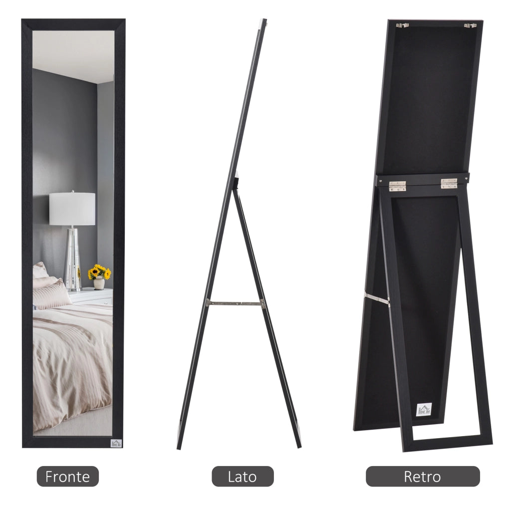 EasyComfort Specchio da Terra e Parete con Supporto Richiudibile e Cornice in MDF, 37x48x152cm, Nero
