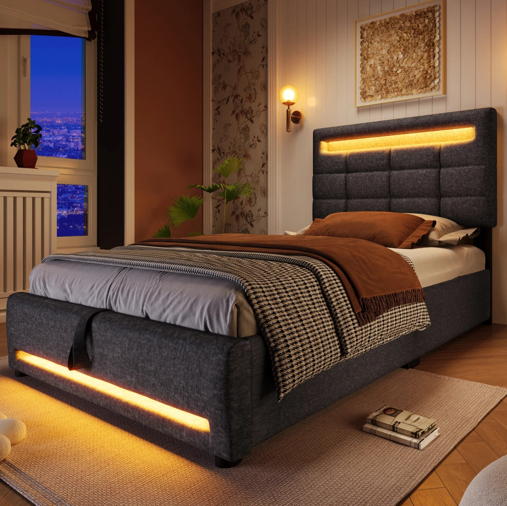 Letto imbottito grigio 90 x 200 cm con LED APP, vano idraulico e USB