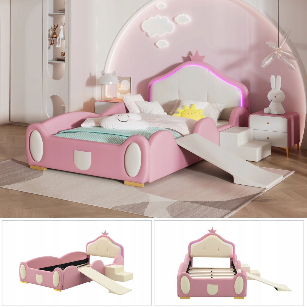Letto 90x200cm - Xylo - LED, scivolo, PU, rosa+beige