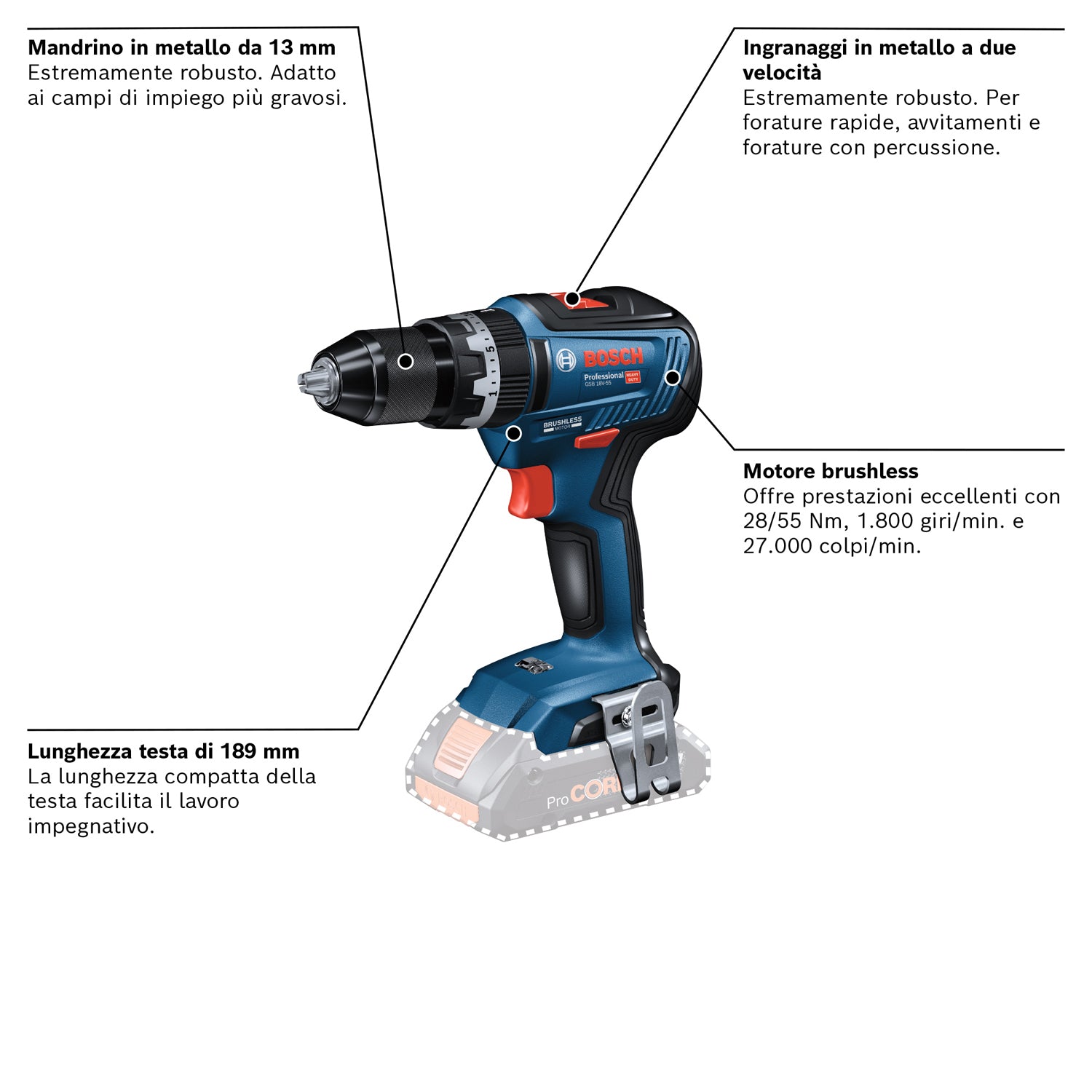 TRAPANO AVVITATORE CON PERCUSSIONE BOSCH 18V 55nm solo corpo GSB 18V-55