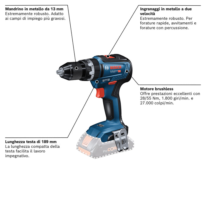 TRAPANO AVVITATORE CON PERCUSSIONE BOSCH 18V 55nm solo corpo GSB 18V-55