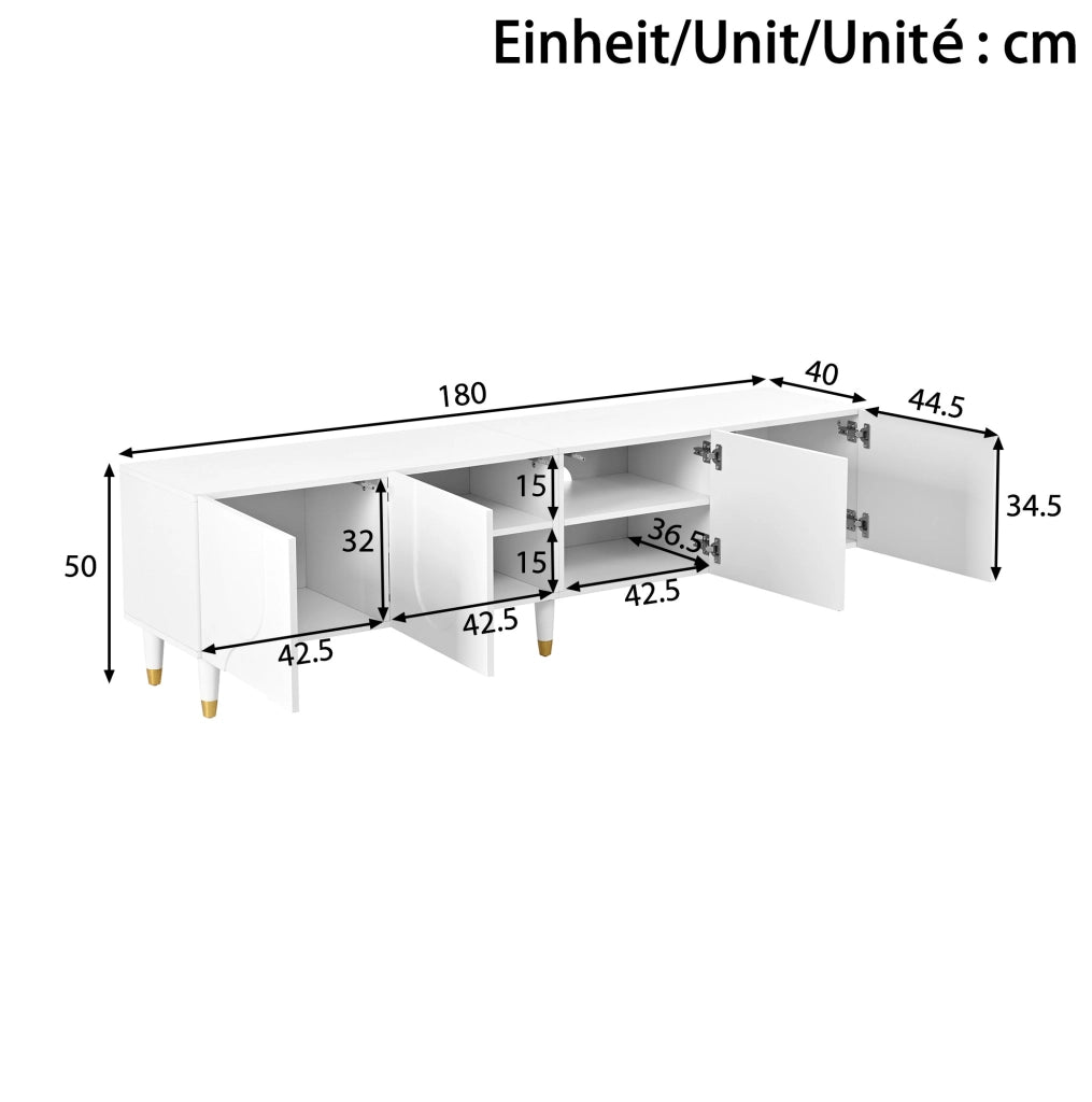 Mobile TV 180x40x50 cm con ante a rilievo ad arco asimmetrico in MDF e truciolare bianco