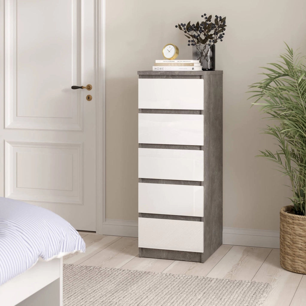 Cassettiera Achaldi, Settimino multiuso, Comò camera da letto, Mobile con cassetti, 50x40 h111 cm, Cemento e Bianco lucido