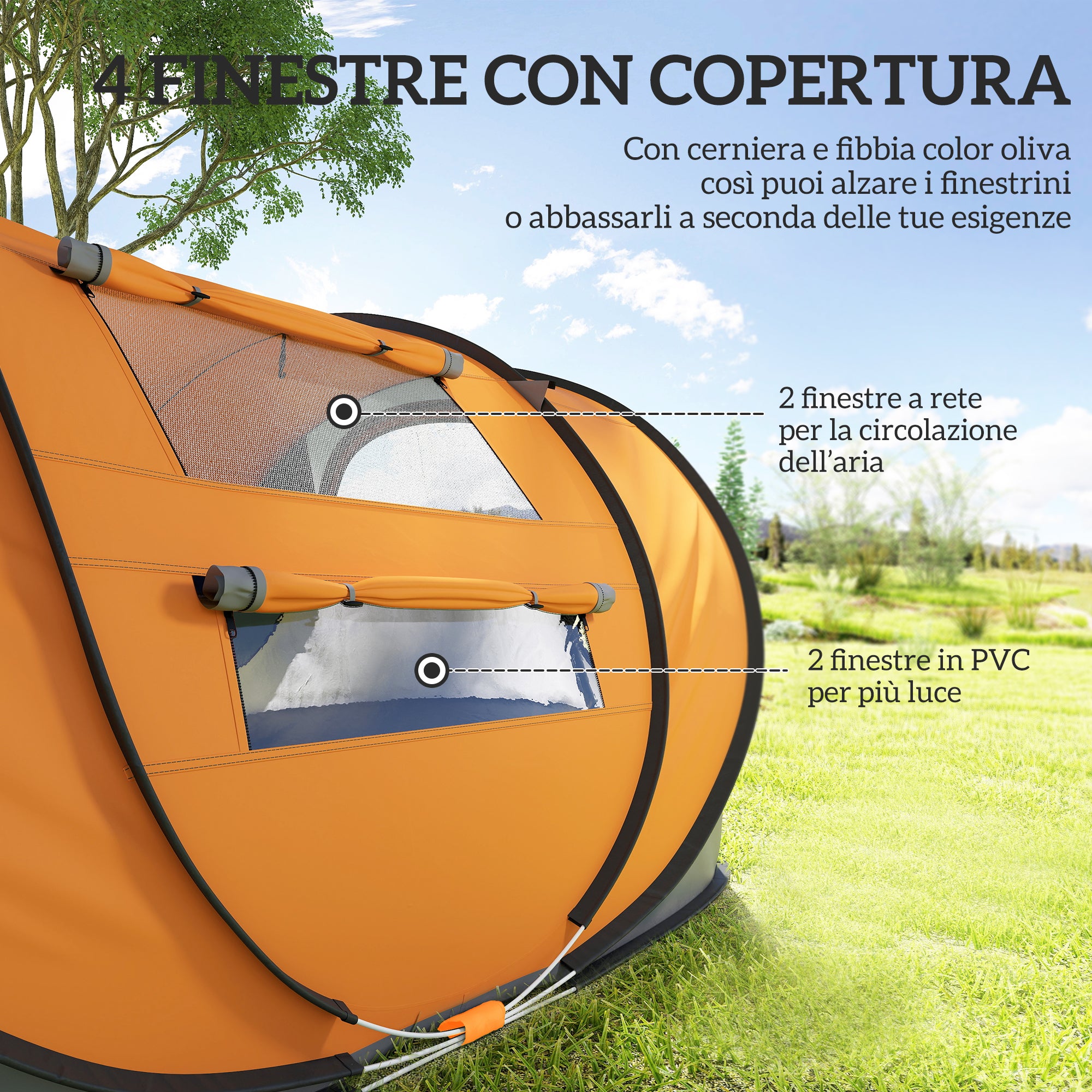 Tenda da Campeggio Pop Up 2 Posti 263,5x220x123 cm con 2 Porte 4 Finestre e Telo Impermeabile Arancione