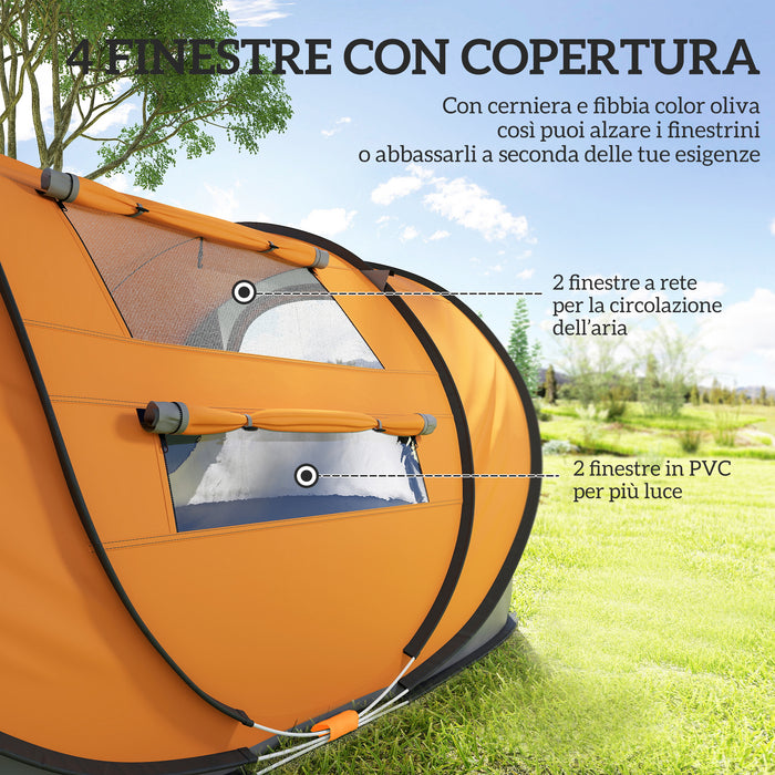 Tenda da Campeggio Pop Up 2 Posti 263,5x220x123 cm con 2 Porte 4 Finestre e Telo Impermeabile Arancione