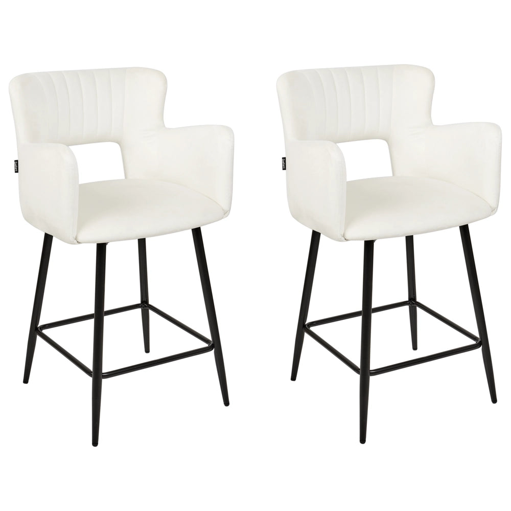 Set di 2 sgabelli da bar velluto bianco braccioli schienale intagliato gambe in metallo moderna industriale