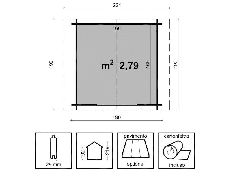 Casetta Gaia Losa legno pino grezzo spessore 28mm dimensioni 190x190cm
