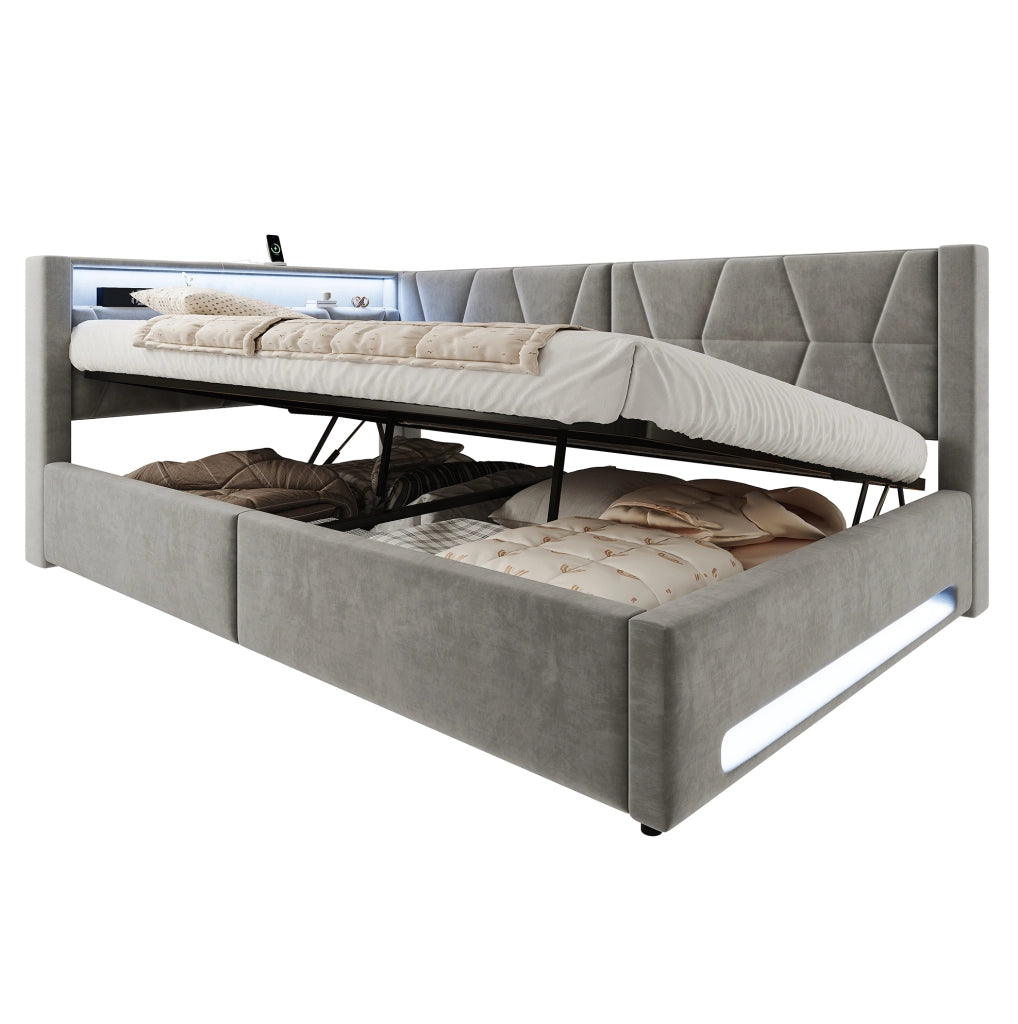 Letto imbottito 140x200 cm con contenitore, LED, USB e Type-C