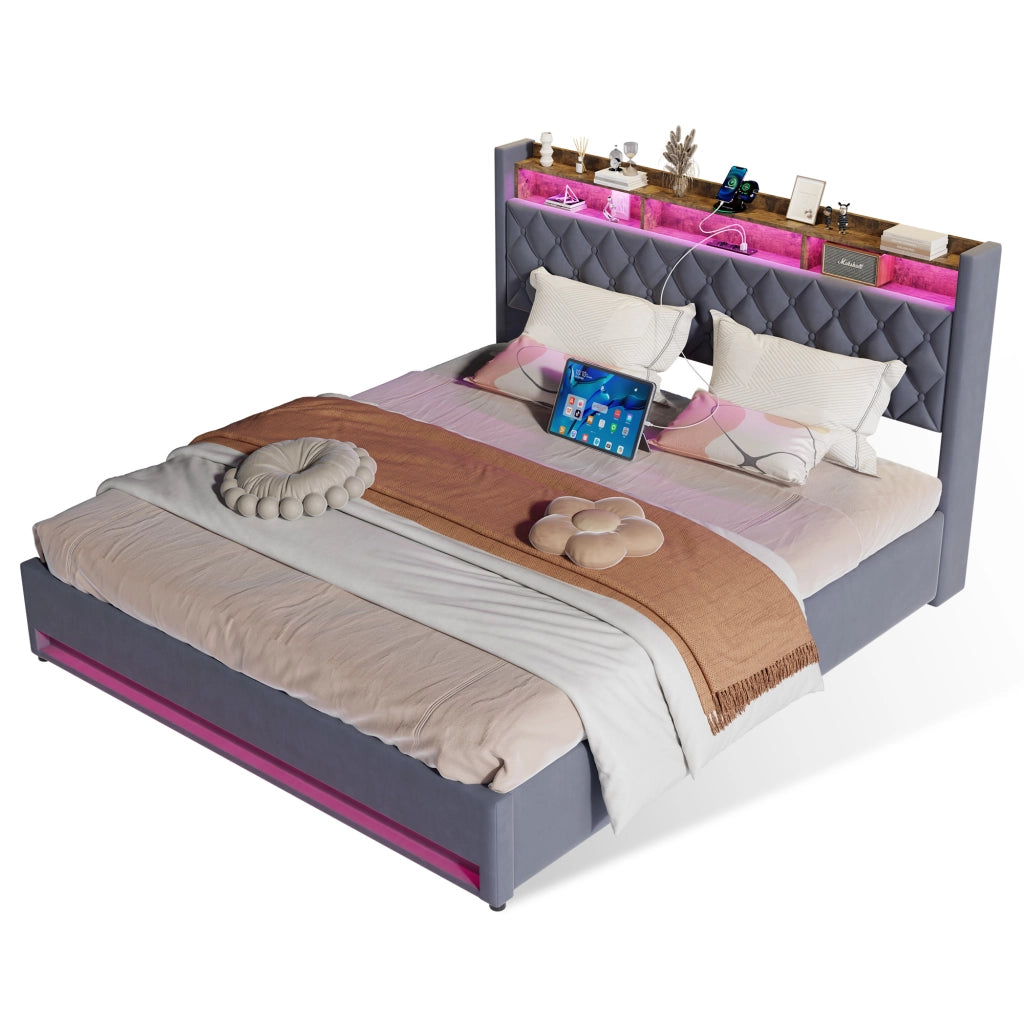 Letto matrimoniale imbottito in velluto grigio con LED, USB e contenitore 180x200 cm