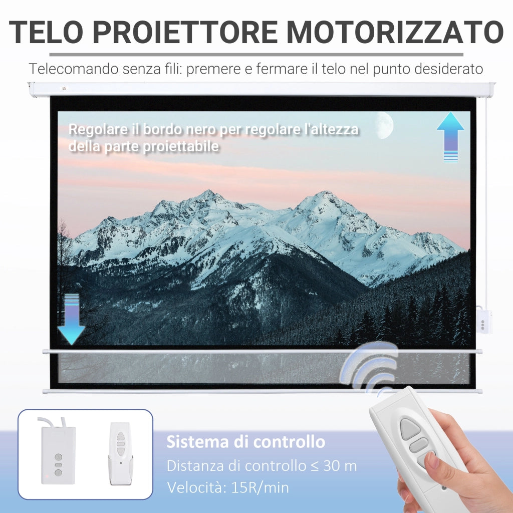 Telo Proiettore 100 Pollici con Telecomando. in PVC e Metallo. 247x7.5x168 cm. Bianco